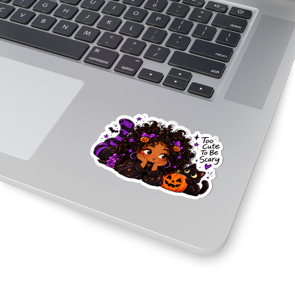 Halloween Girl & Black Cat Sticker — "Too Cute To Be Scary" Kiss-Cut