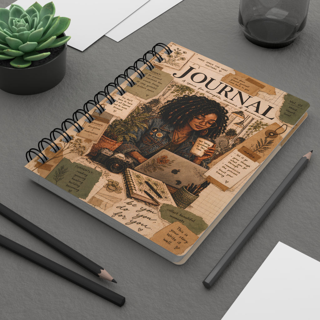 Cozy Study Girl Journal Spiral Bound Notebook | Botanical Collage Writing Diary