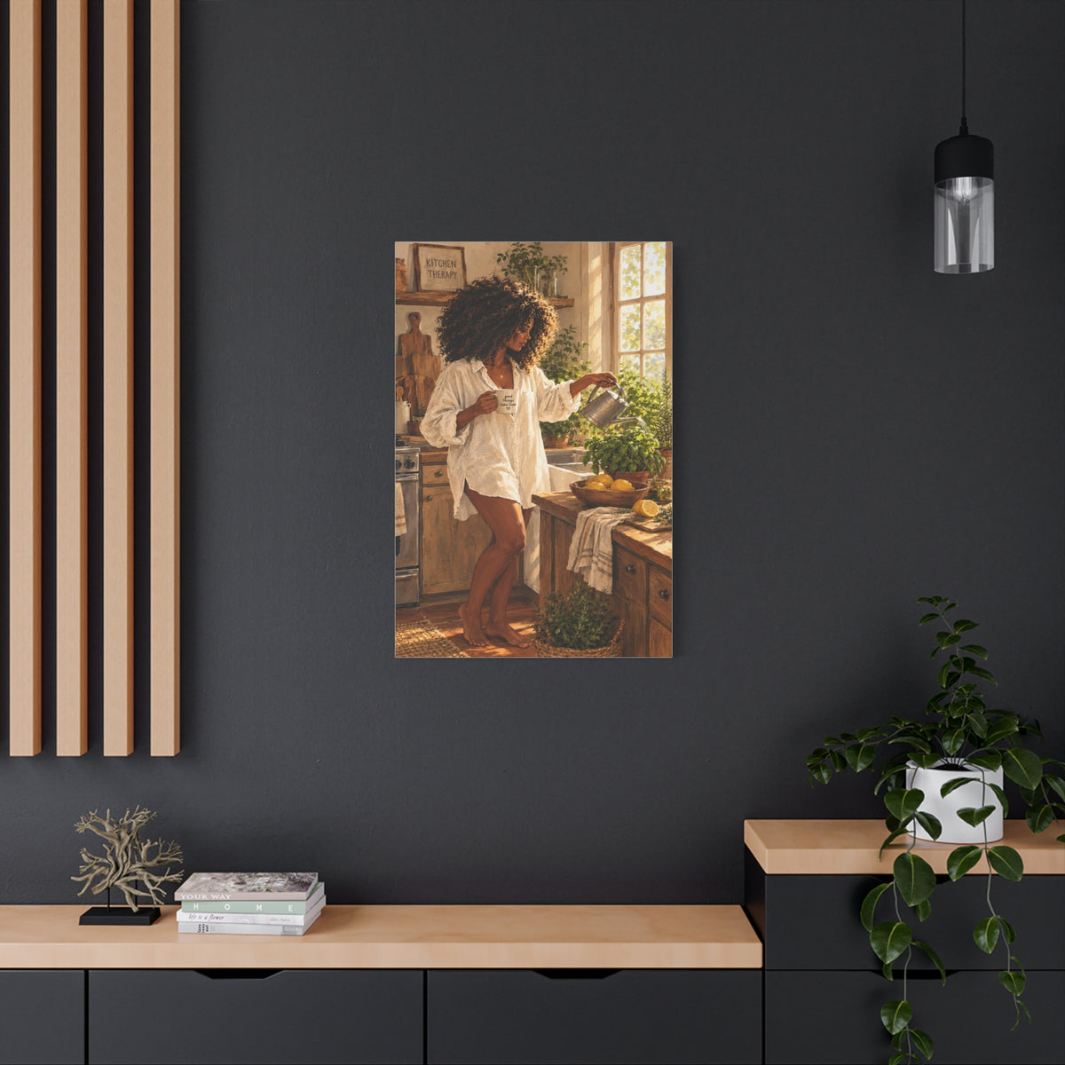 Kitchen Morning Canvas Print - Cozy Woman Watering Herbs Matte Stretched Wall Art