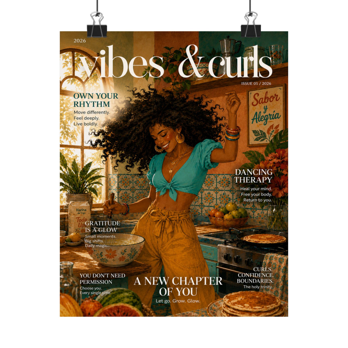 Vibes & Curls Matte Poster — Afrocentric Kitchen Wall Art, 'A New Chapter of You' Magazine Cover