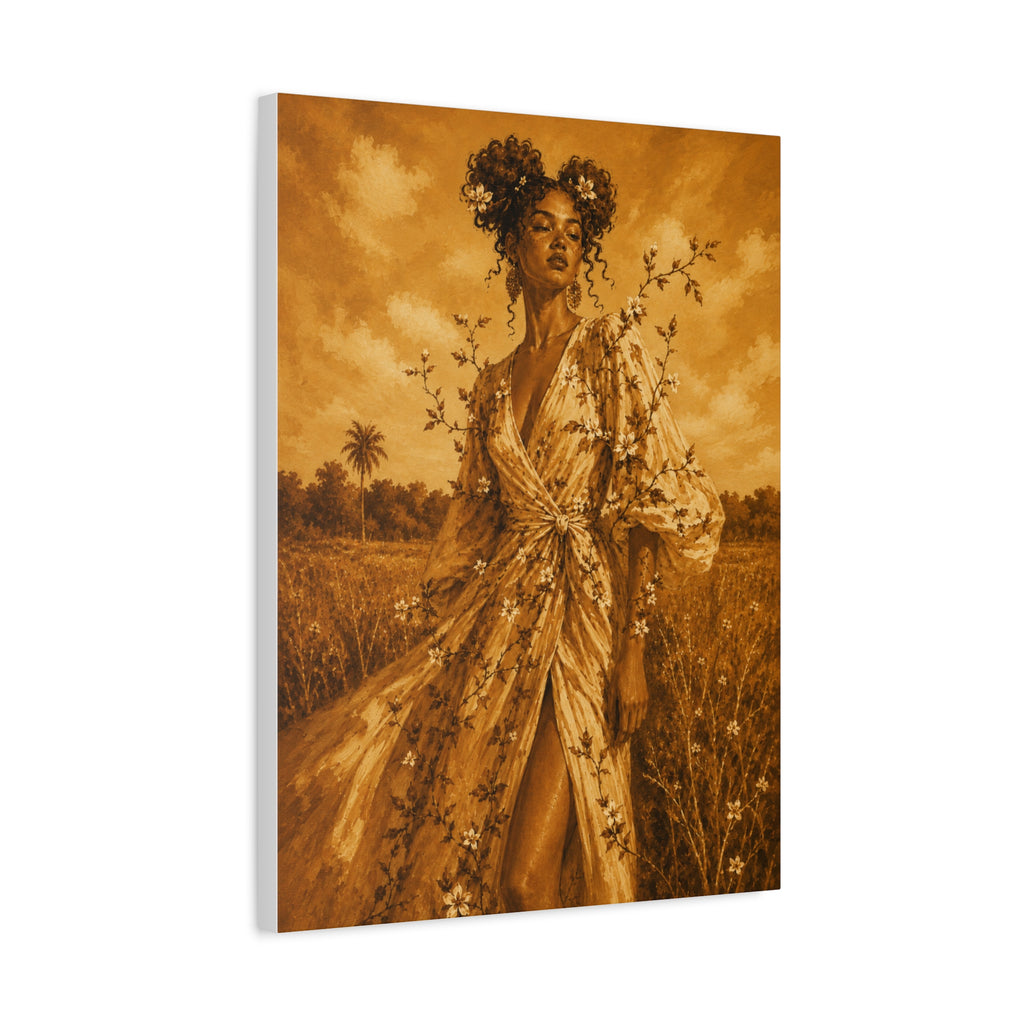 Golden Fields Canvas Wall Art — Woman in Floral Robe Matte Stretched Print