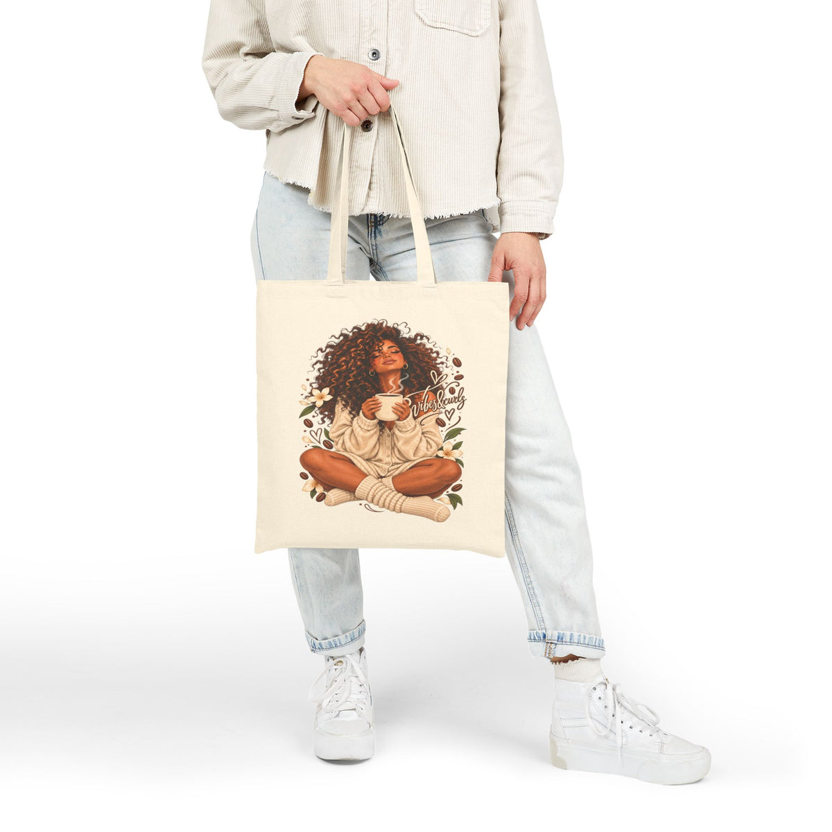 Cozy Morning Afro Woman Canvas Tote — Coffee Lover Cotton Bag