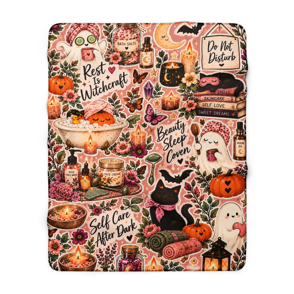 Cozy Witch Self-Care Sherpa Blanket — Halloween Pumpkin, Cats & Spa Bath Sticker Collage